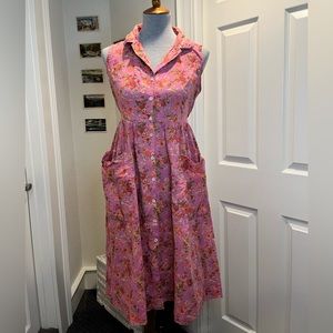 Pink floral April Cornell day dress with buttons and pockets